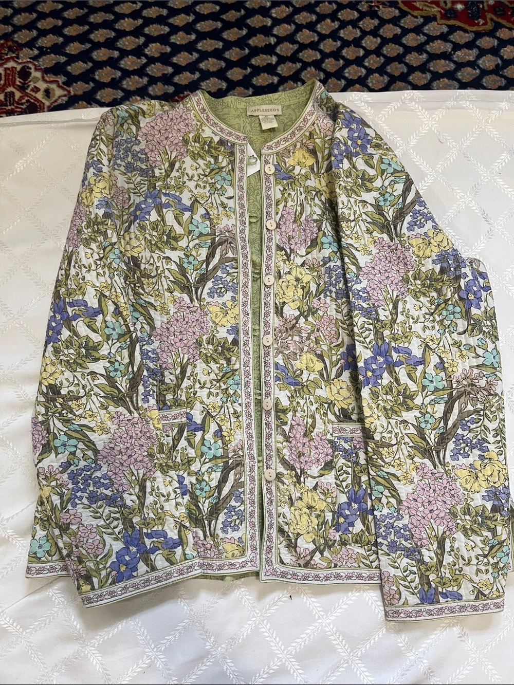 Appleseed's Floral Quilted Jacket in Multi Pastel Greens, Lilac & Blue